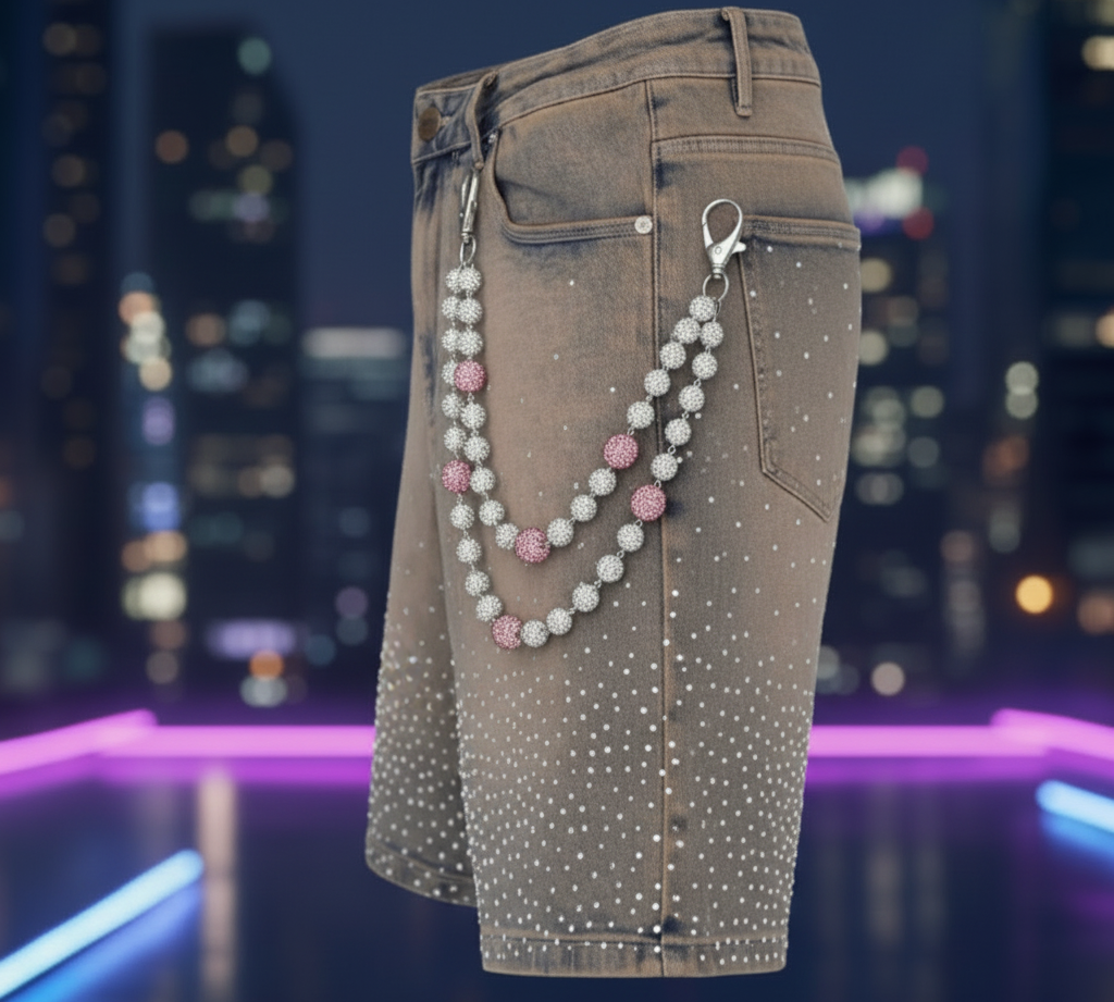 Rhinestone Shorts Side View with Pink Chain